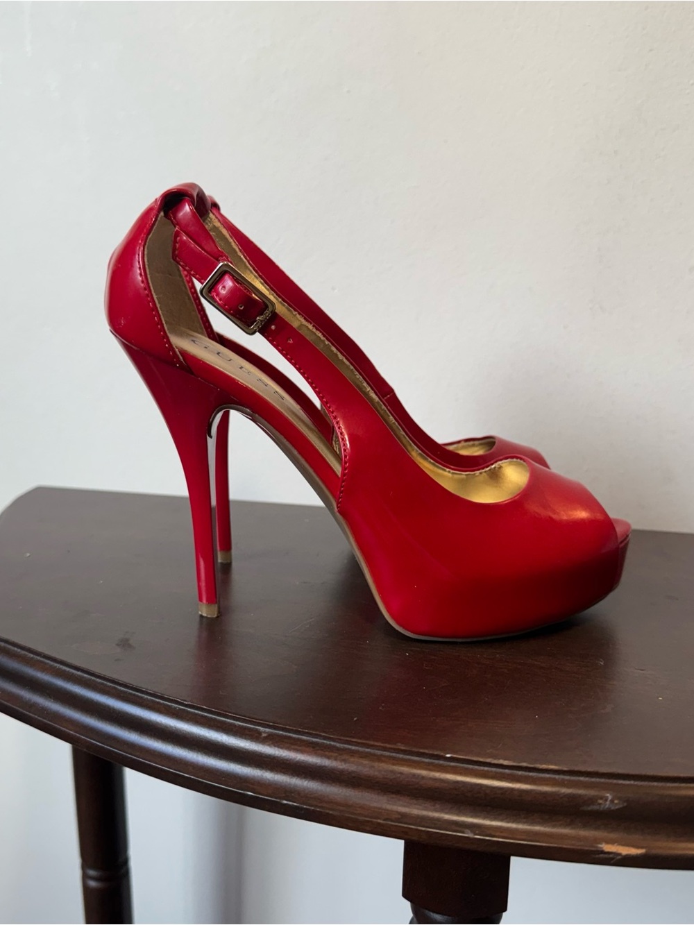Guess Red Patent Peep-Toe Slingback Stilettos